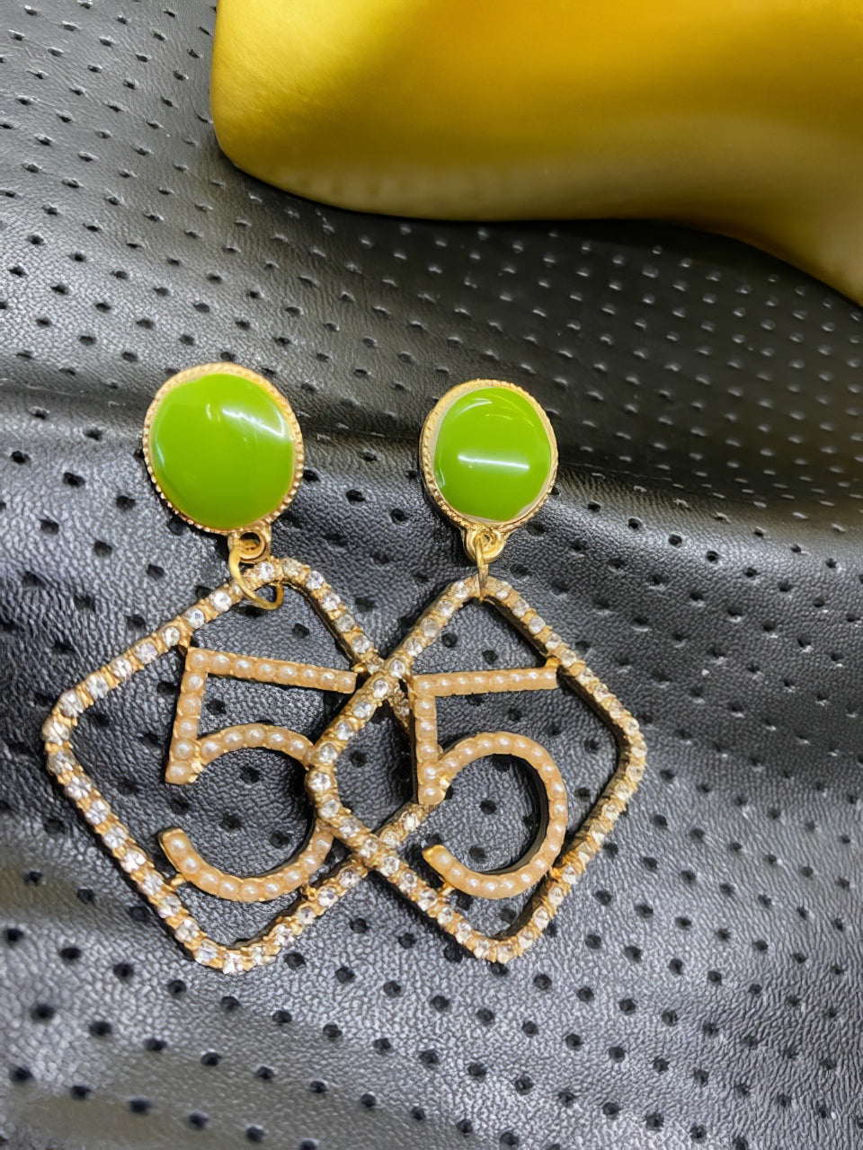 No 5 Drop Earrings with Crystal Accents in Gold and Lime