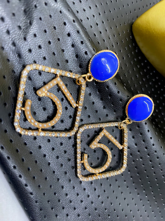 No 5 Drop Earrings with Crystal Accents in Gold and Royal Blue