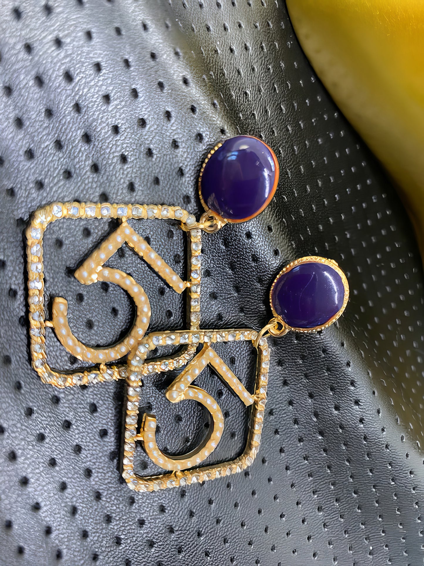 No 5 Drop Earrings with Crystal Accents in Gold and Plum