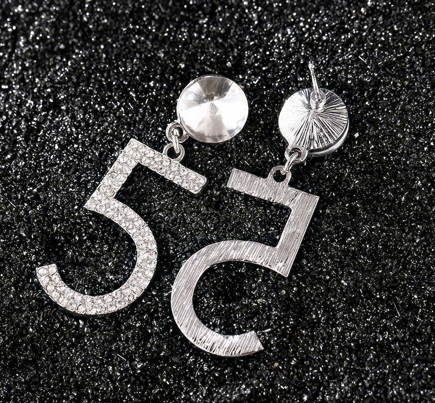 No 5 Drop Earrings with Rhinestones in Silver