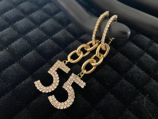 Trendy No 5 Rhinestone Drop Chain Earrings in Gold