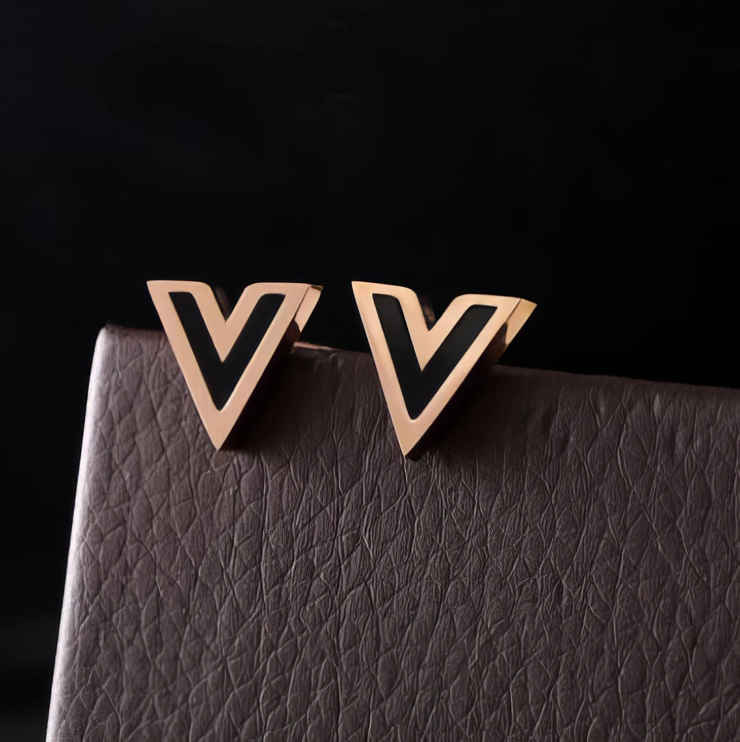 Letter V Stud Earrings with Black Inlay