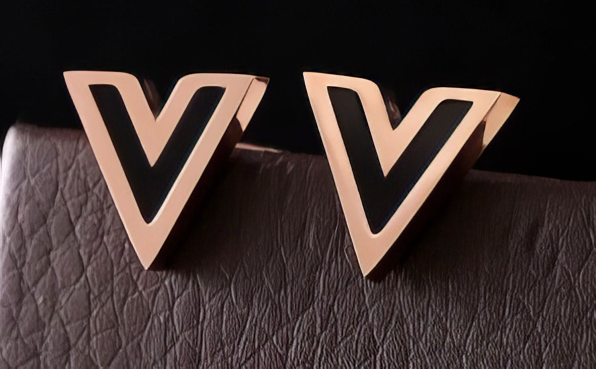 Letter V Stud Earrings with Black Inlay