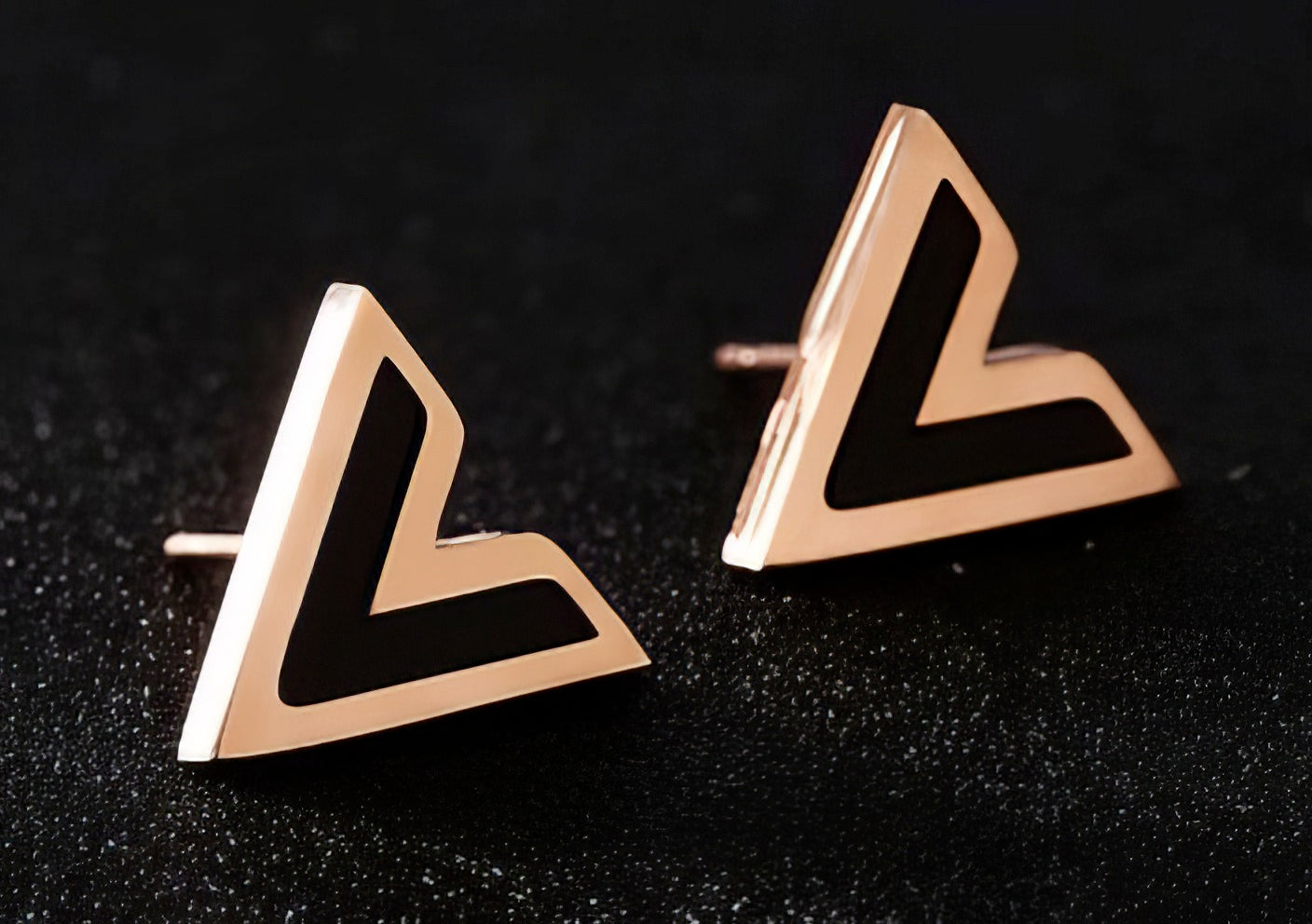 Letter V Stud Earrings with Black Inlay