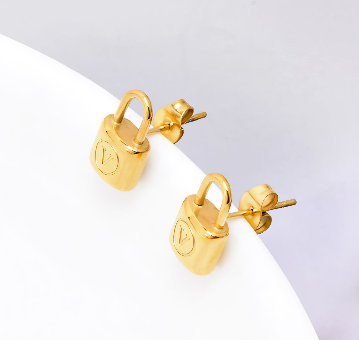 Letter V Padlock Stud Earrings in Gold