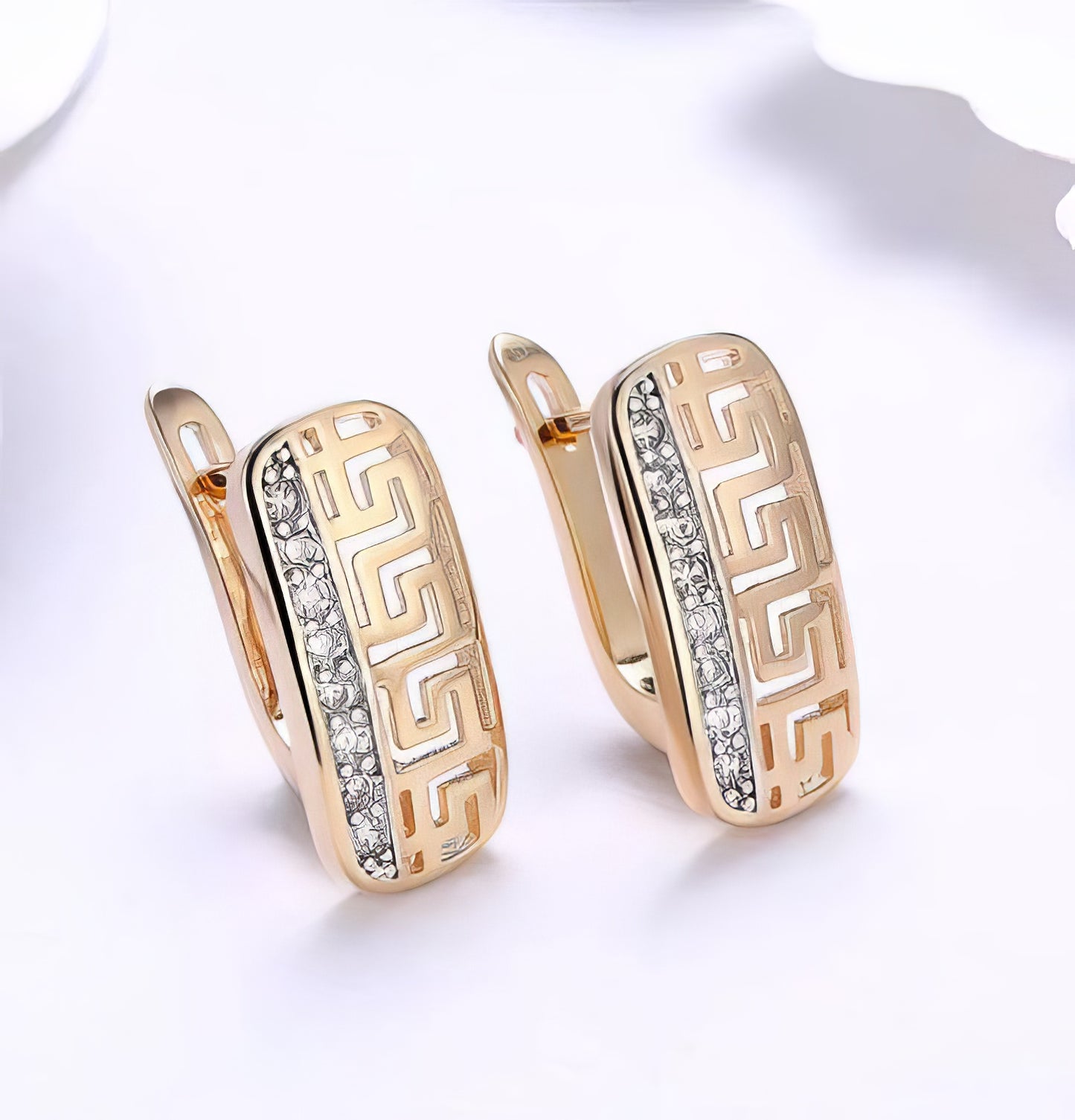 Greek Key with Rhinestone Hinge Hoop Earrings in Gold