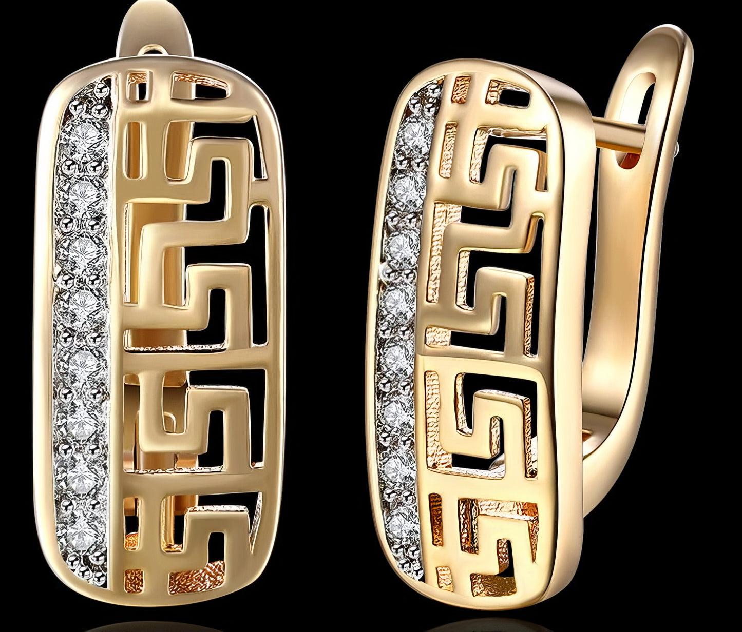 Greek Key with Rhinestone Earrings in Sterling Copper