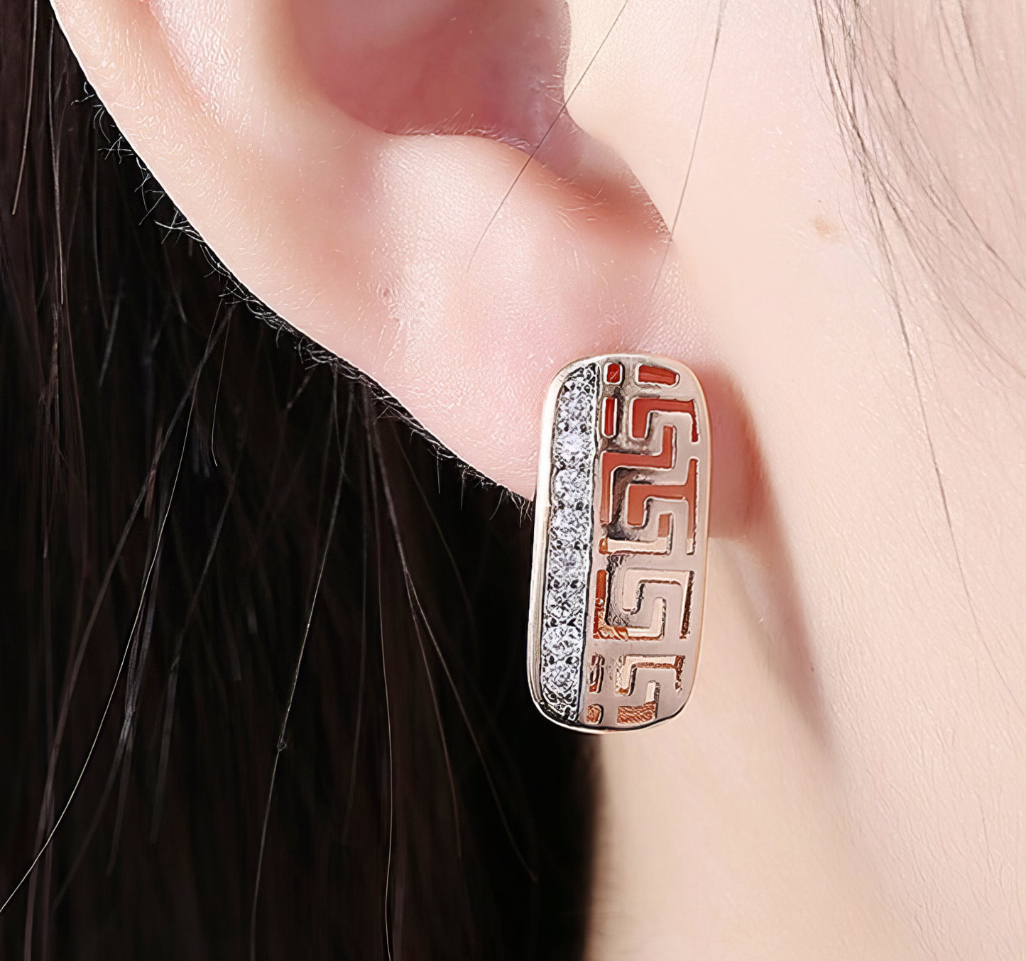 Greek Key with Rhinestone Earrings in Sterling Copper