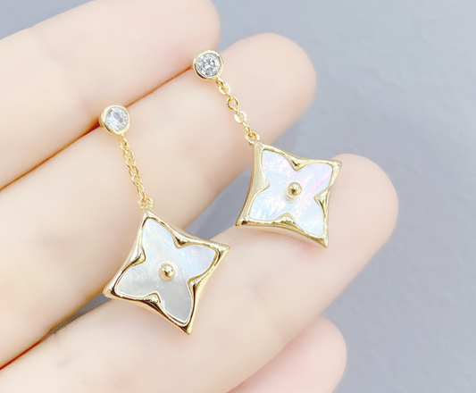 Star and Clover Dangle Crystal Earrings in Gold and White