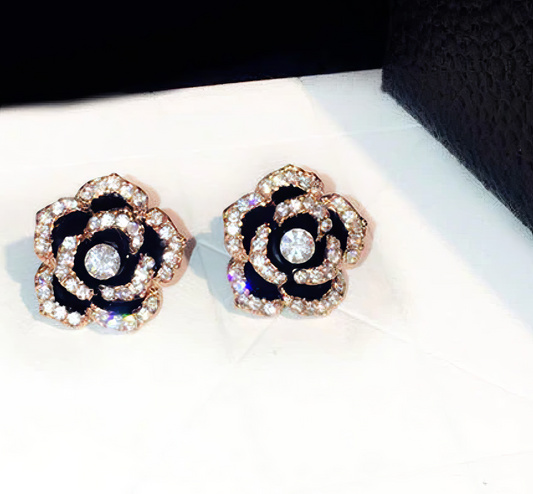 Camellia Rhinestone Flower Earrings Rose Gold and Black