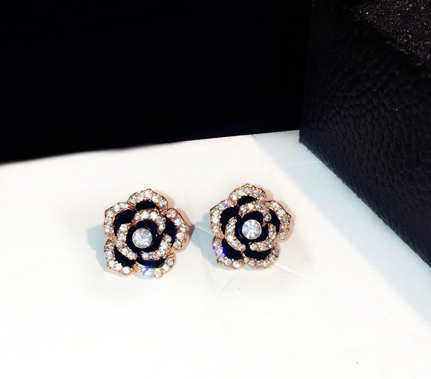 Camellia Rhinestone Flower Earrings Rose Gold and Black