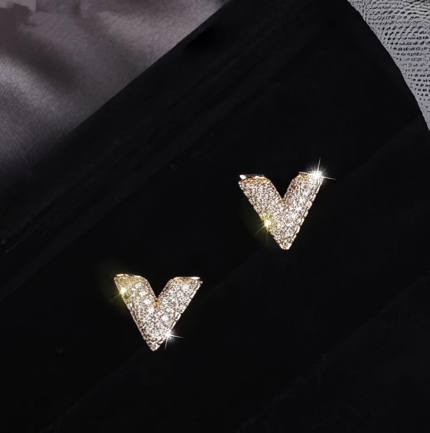 Letter V CZ 925 Silver Stud Earrings in Gold