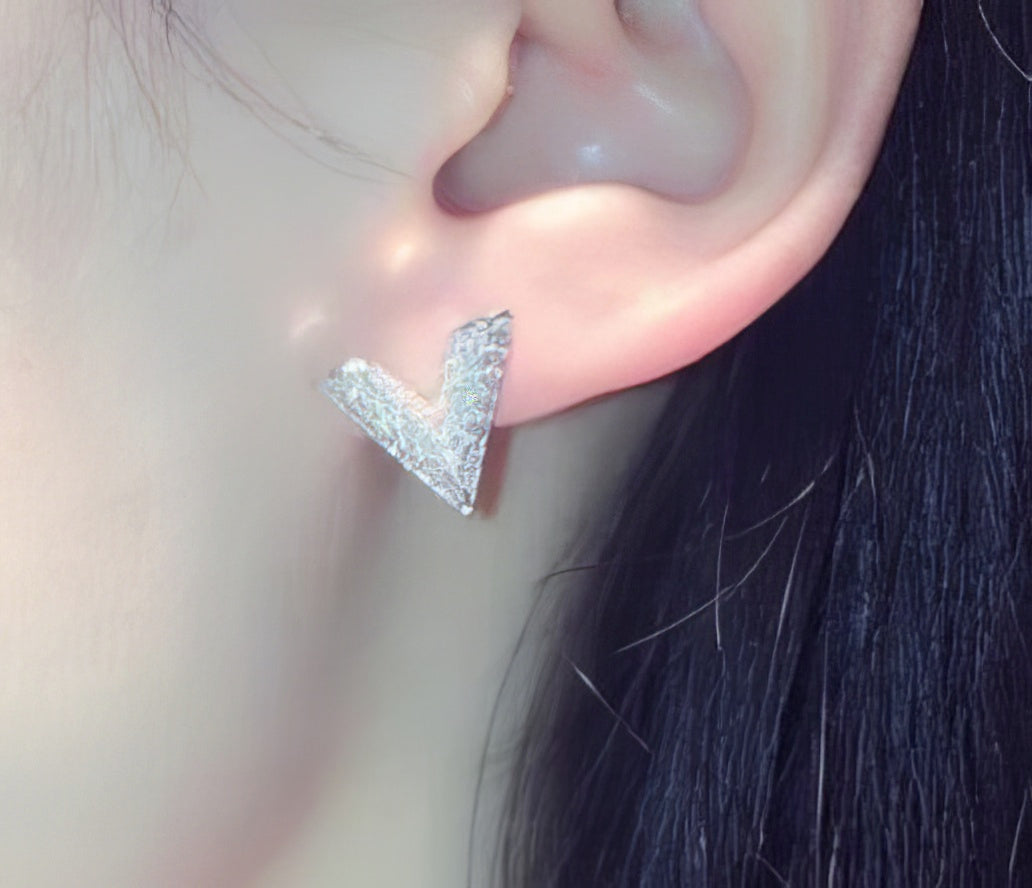 Letter V Pave CZ 925 Silver Stud Earrings in Silver