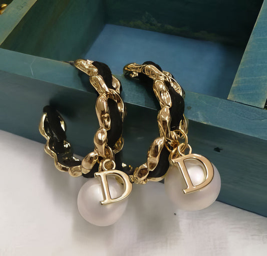 Letter D Rope Hoop Earrings in Gold and Black