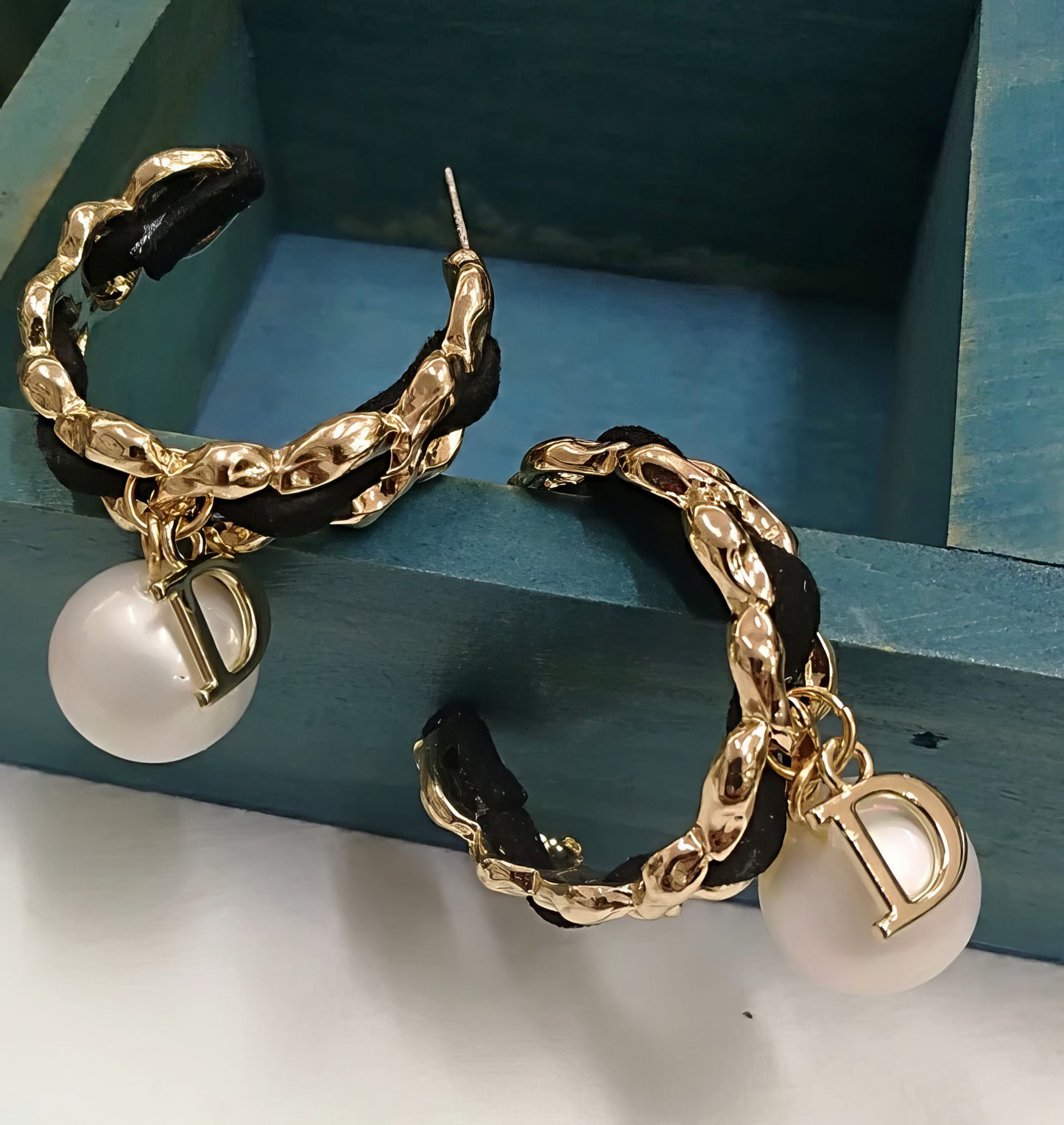 Letter D Rope Hoop Earrings in Gold and Black