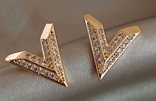 Three Dimensional Letter V Stud Earrings with Crystal Accents