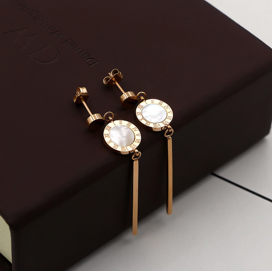 Roman Numerals Dangle Earrings in Rose Gold in White