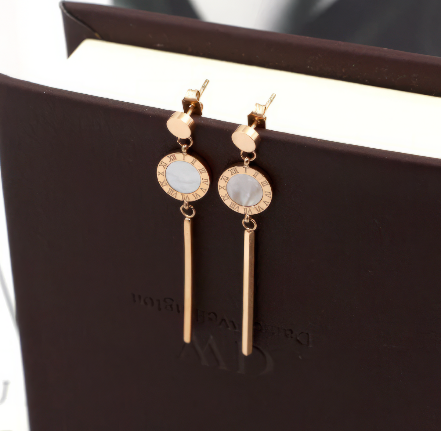 Roman Numerals Dangle Earrings in Rose Gold in White