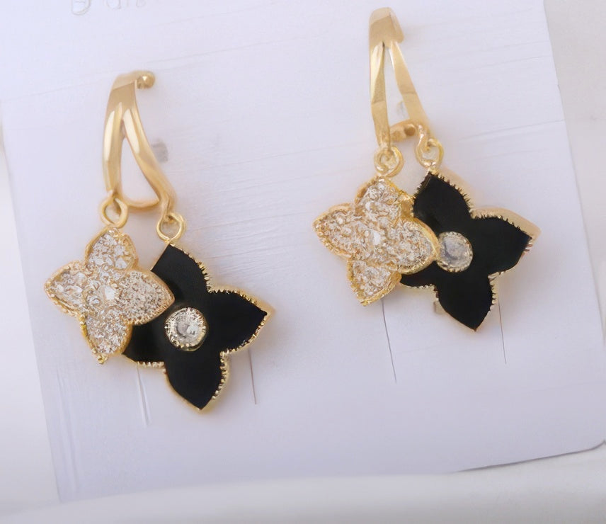 Trendy Triple Four-Leaf Clover Cubic Zirconia Earrings in Black