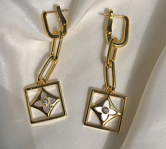 Square Crystal Clover Chain Pendant Earrings in Gold and White