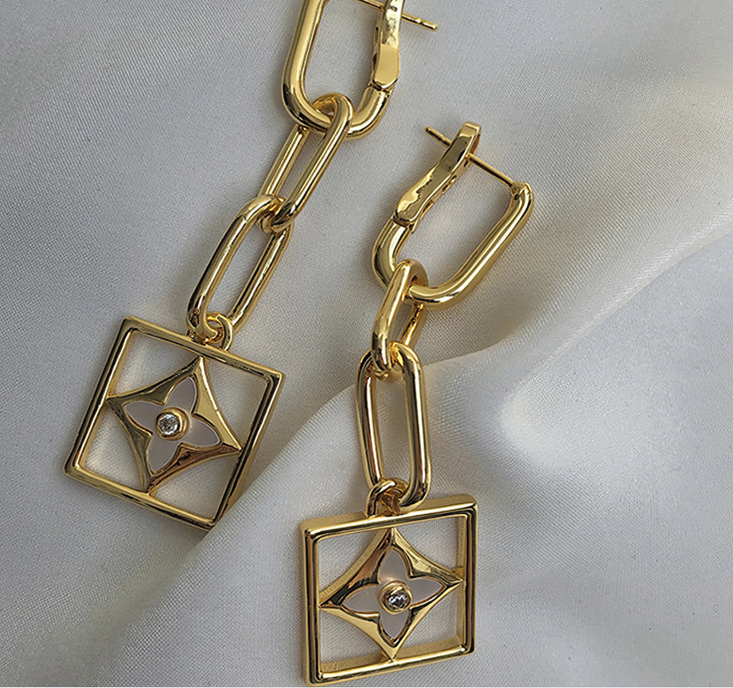 Square Crystal Clover Chain Pendant Earrings in Gold and White