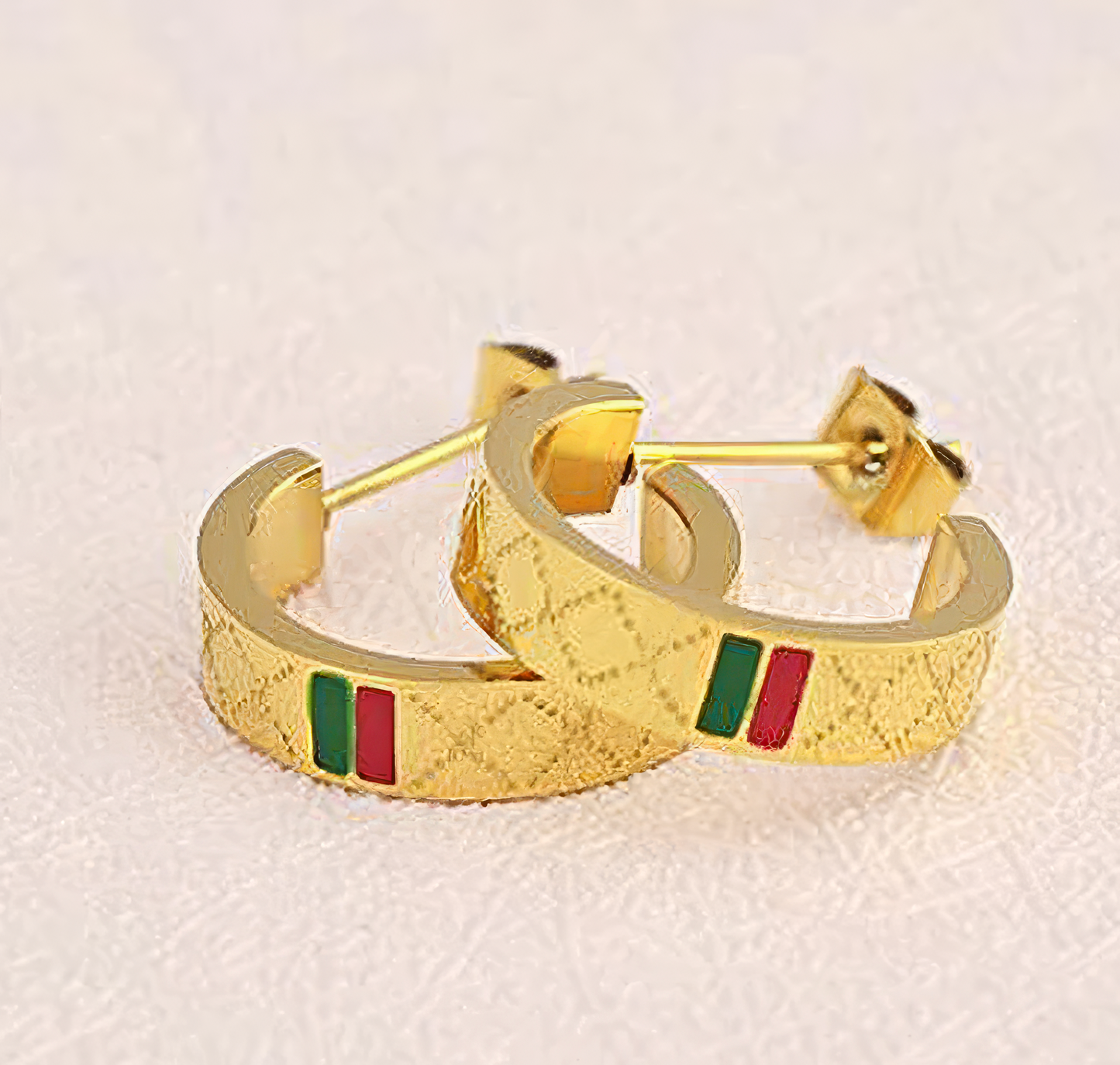 Green Red Stripe Titanium Stud Hoop Earrings in Gold