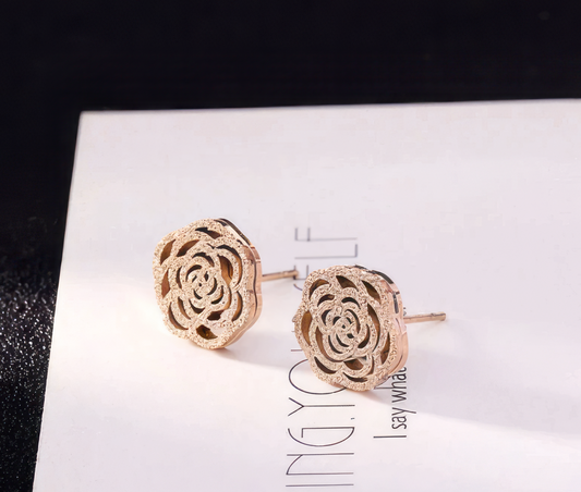 Camellia Flower Stud Earrings in Rose Gold