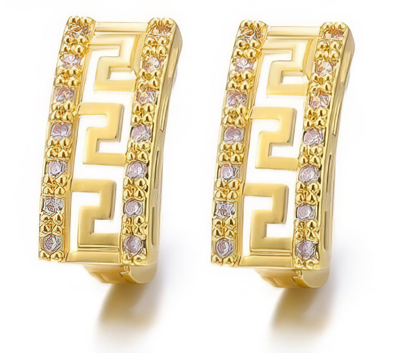 Greek Key with Rhinestone Stud Bar Earrings in Gold