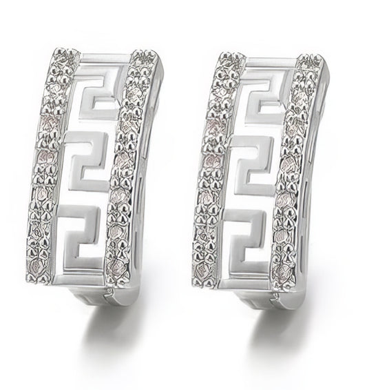 Greek Key with Rhinestone Stud Bar Earrings in Silver