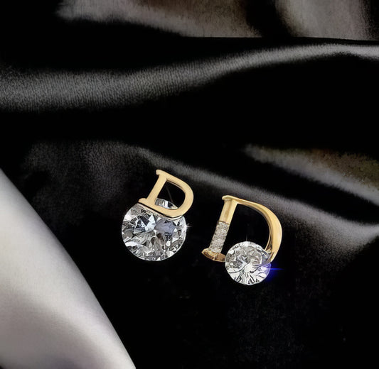 Letter D Rhinestone Stud Earrings in Gold