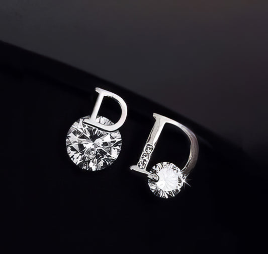 Letter D Rhinestone Stud Earrings in Silver