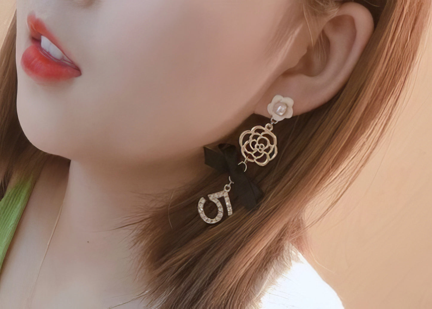 Camellia Drop Pendant No5 Earrings in Gold and Black