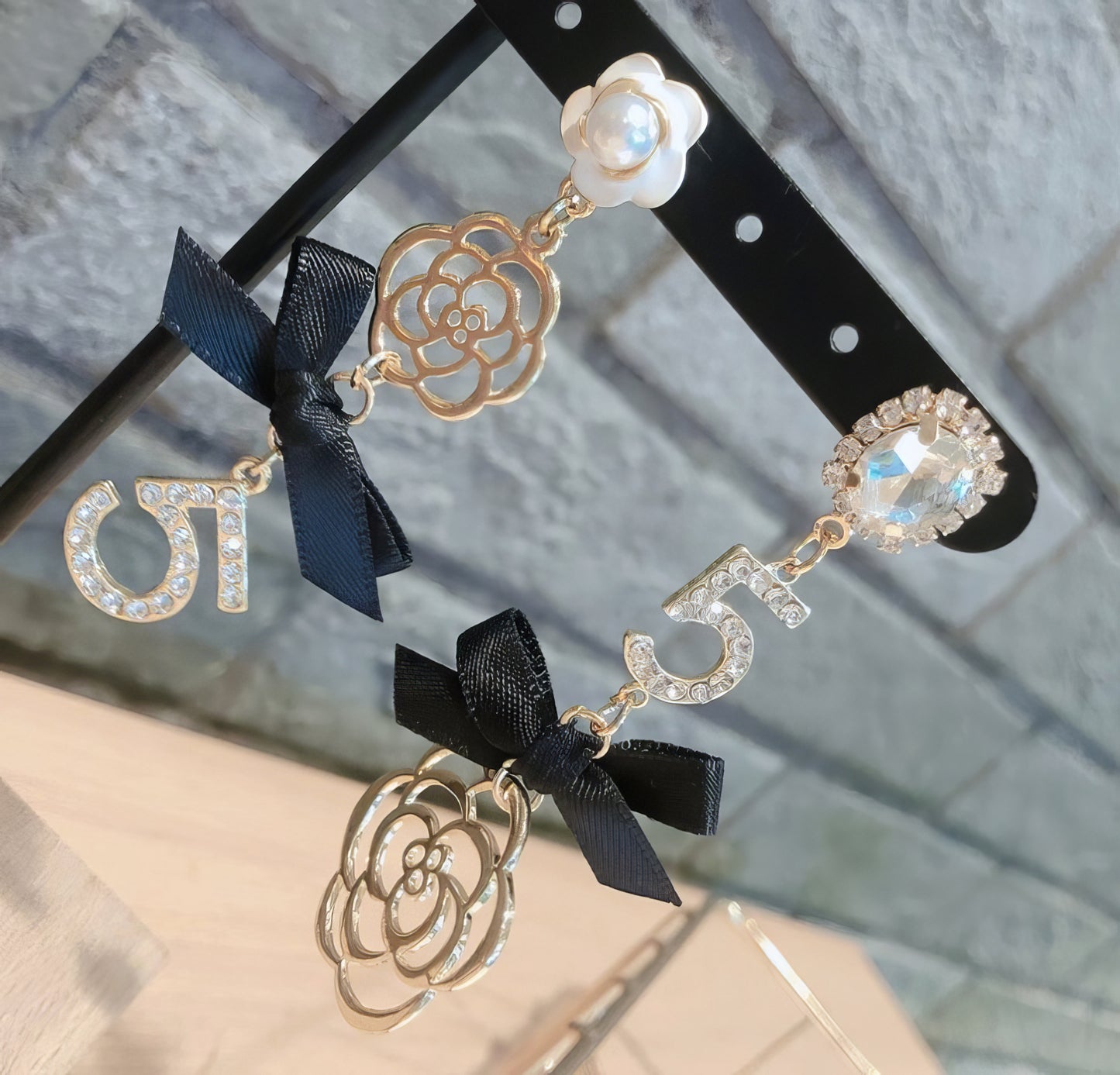 Camellia Drop Pendant No5 Earrings in Gold and Black