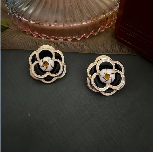 Camellia Flower Earrings in White Black and Gold