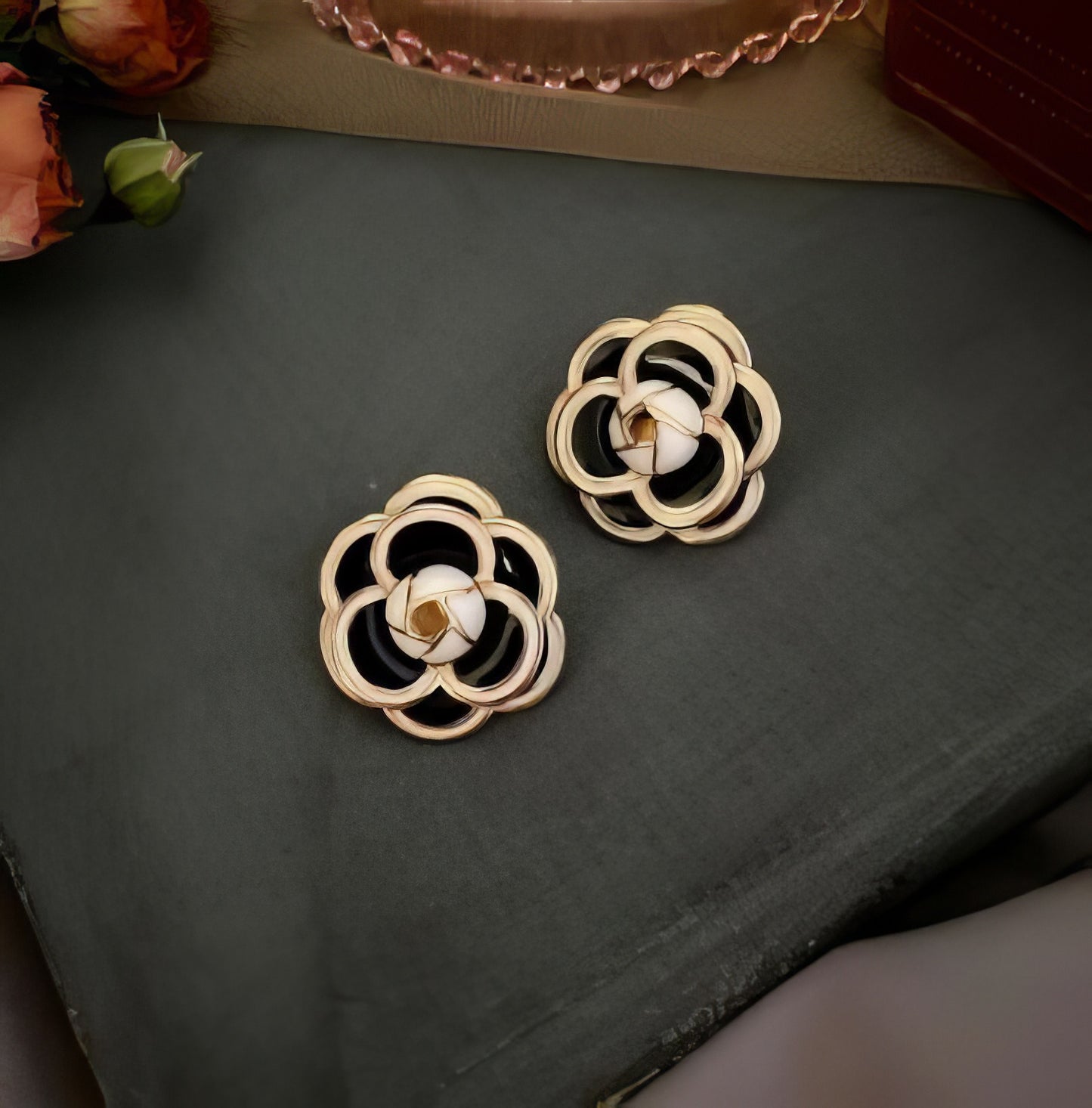 Camellia Flower Earrings in White Black and Gold