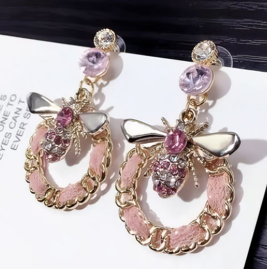 Designer Inspired Rhinestone Bee Hoop Earrings in Pink and Gold