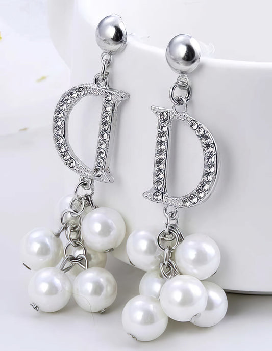 Crystal Letter D Tassel Pearl Earrings