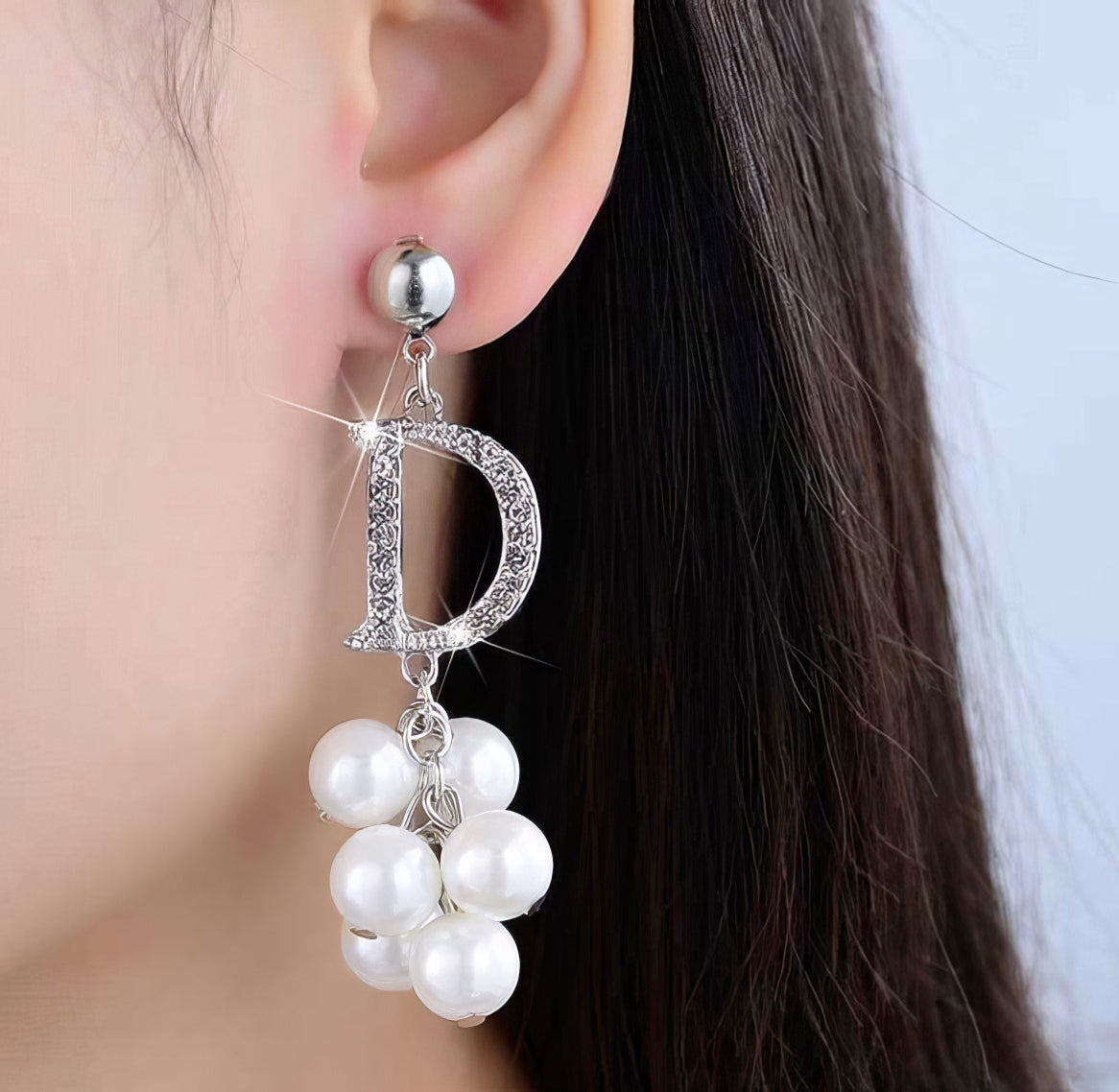 Crystal Letter D Tassel Pearl Earrings