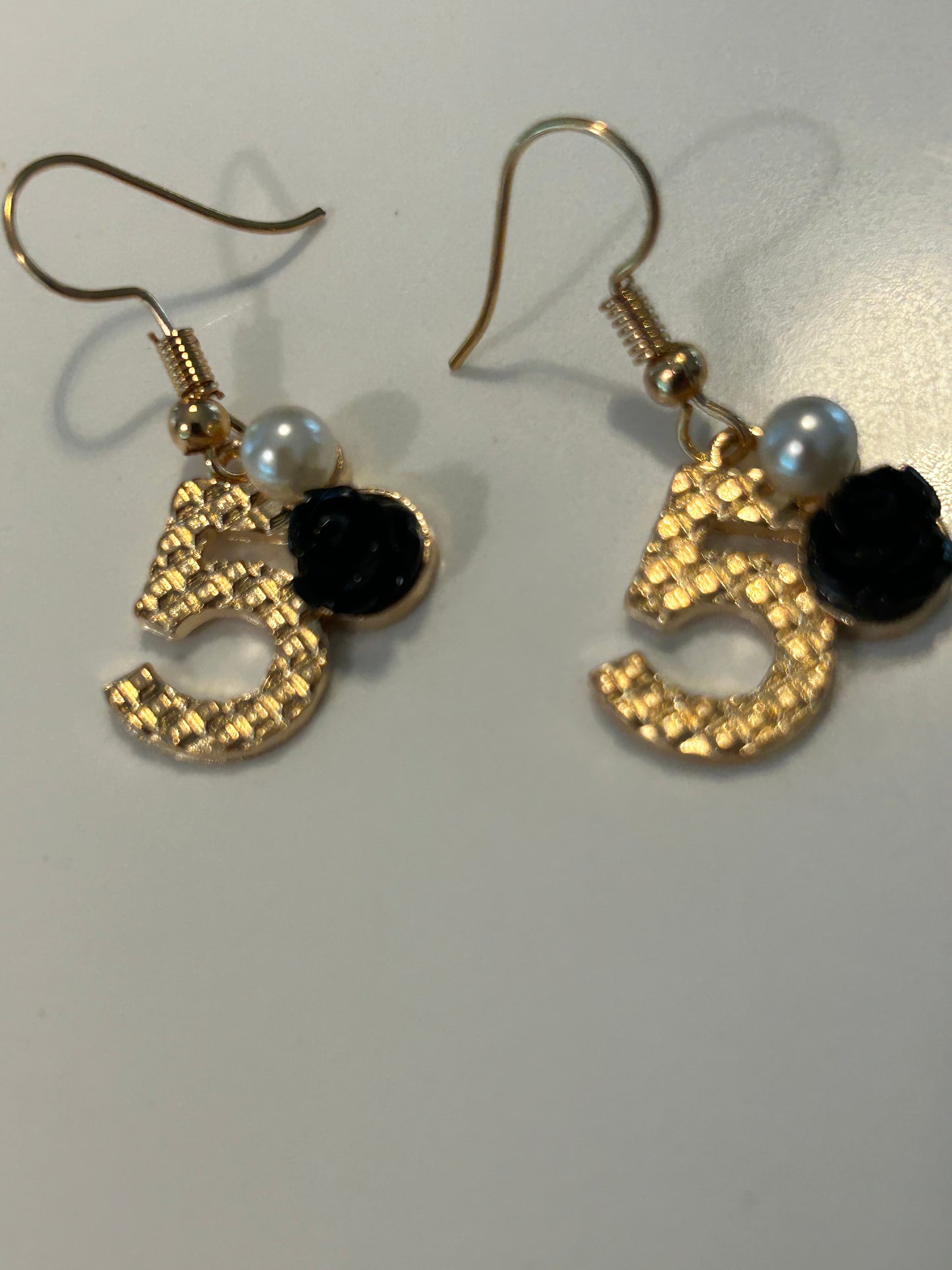 Pearl Number 5 Camellia Charm Earrings in Gold