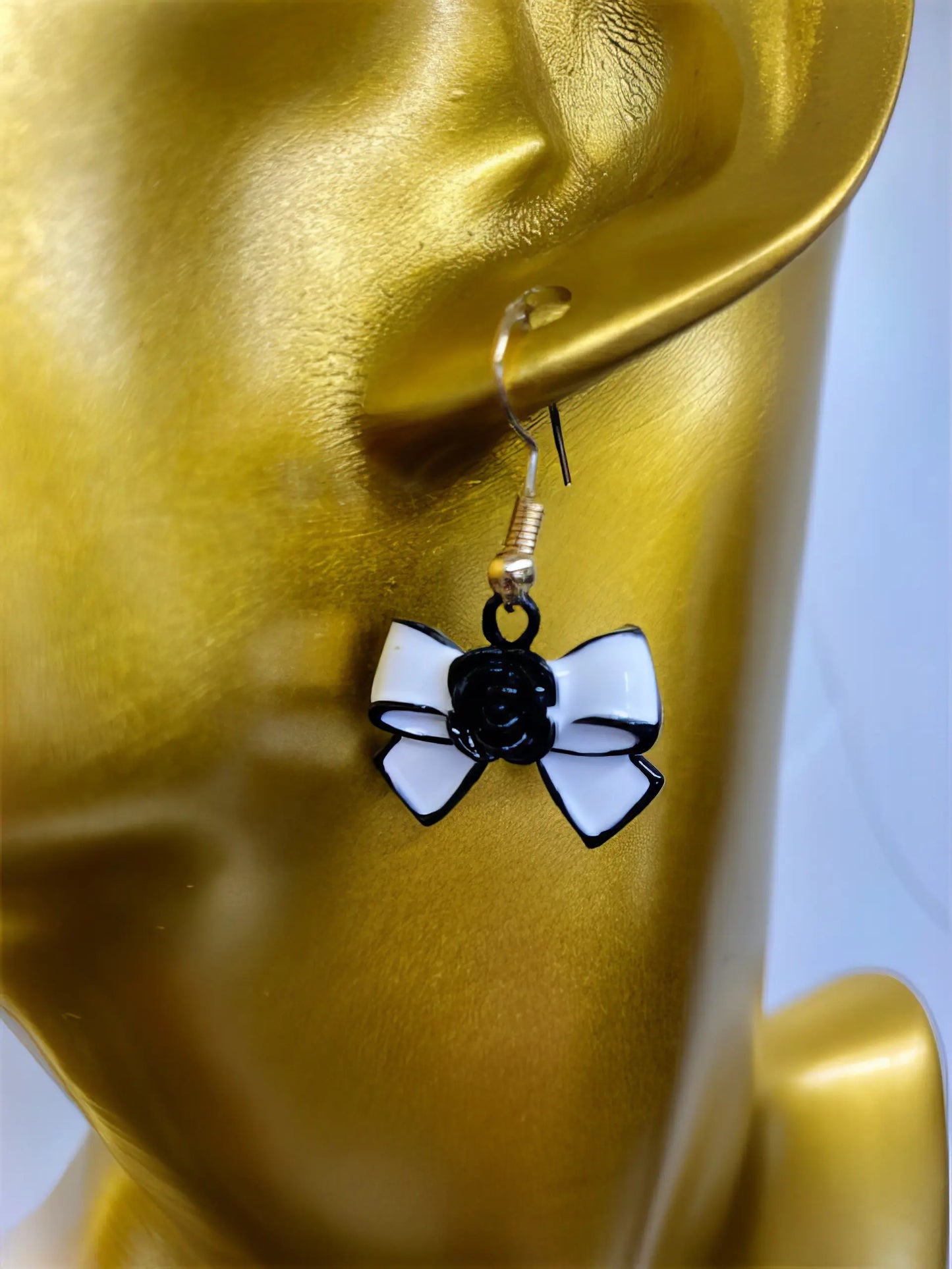 Flower Bow Enamel Charm Dangle Earrings in White and Black