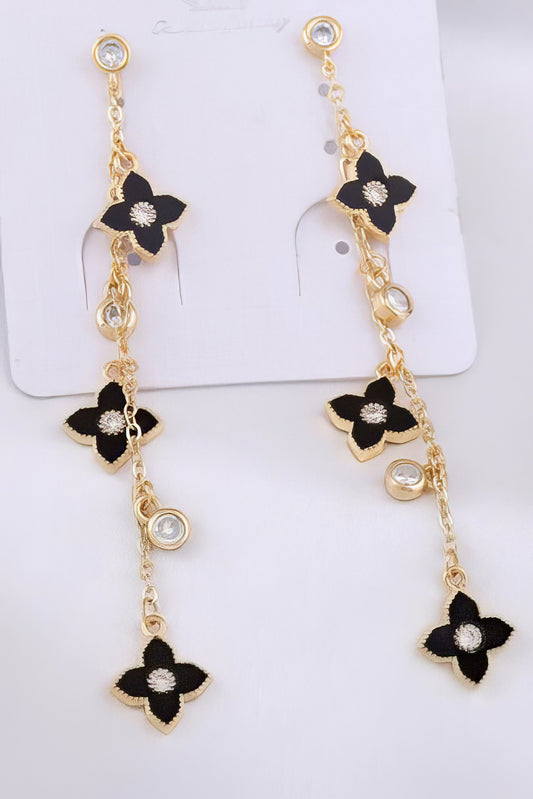 Zircon Four Leaf Clover Long Tassel Earrings in Black