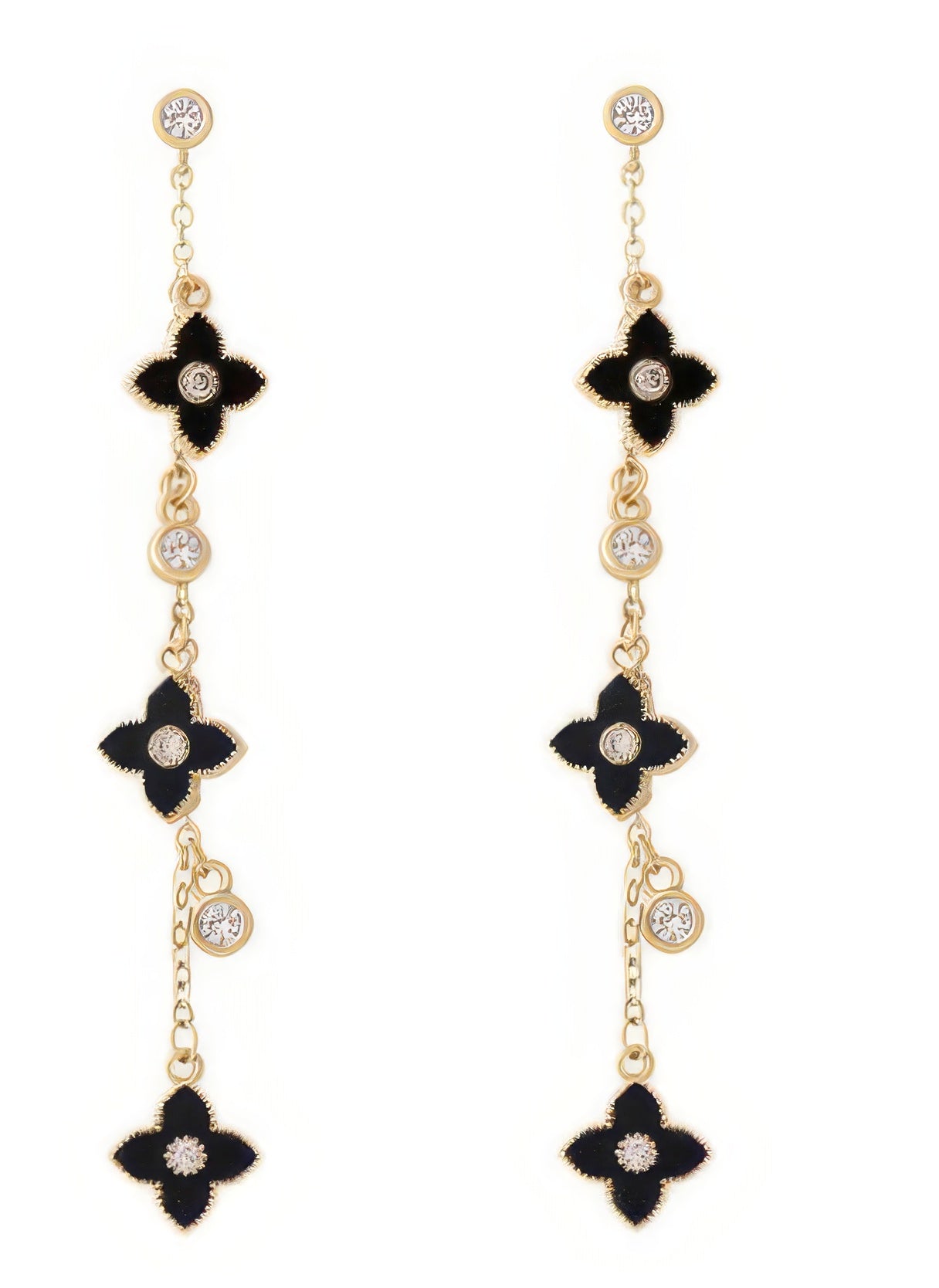 Zircon Four Leaf Clover Long Tassel Earrings in Black
