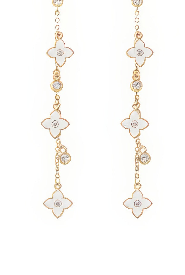 Zircon Four Leaf Clover Long Tassel Earrings in White