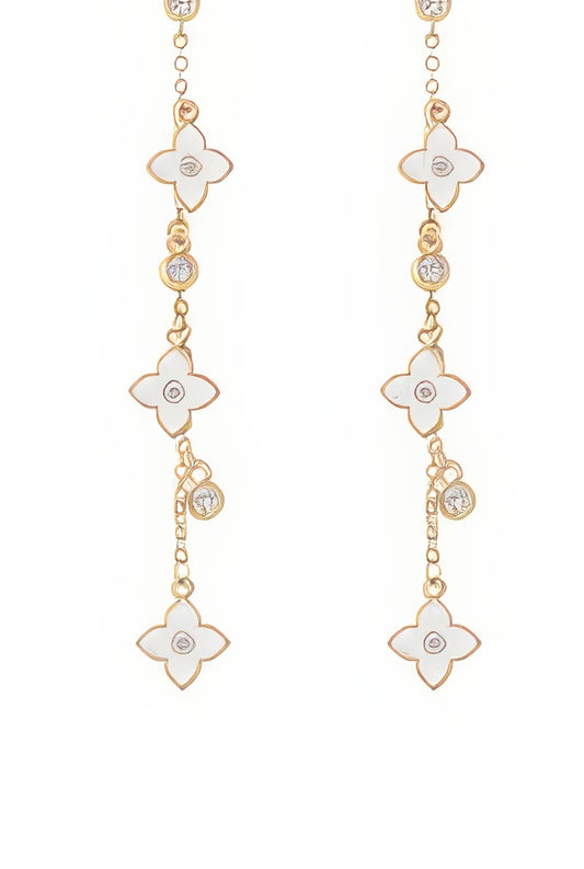 Zircon Four Leaf Clover Long Tassel Earrings in White