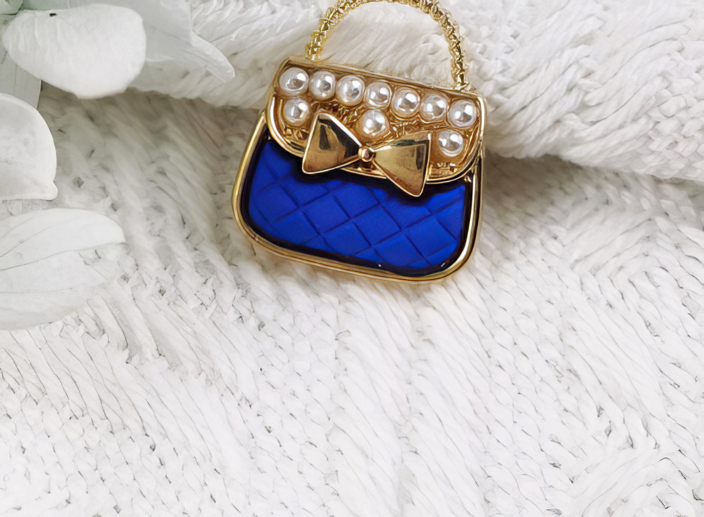 Pearl Lady Bag Metal Charm Pendant Earrings in Blue and Gold