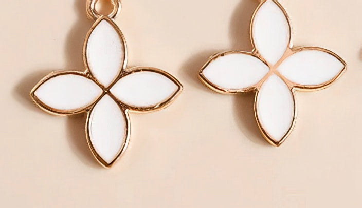 Enamel Flower Four Leaf Clover Pendant Earrings in White