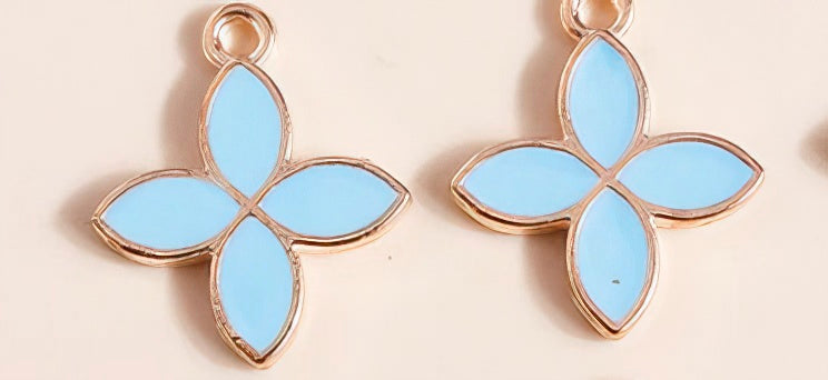 Enamel Flower Four Leaf Clover Pendant Earrings in Sky Blue