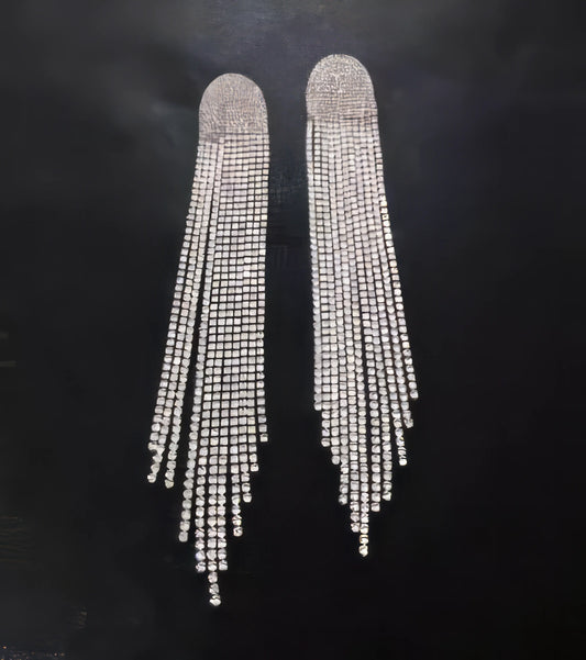 Rhinestone Long Tassel Chain Arched Pendant Earrings in Silver