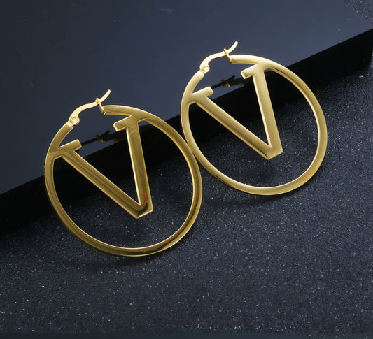 Stainless Steel  Letter V-design Pendant Hoop Earrings