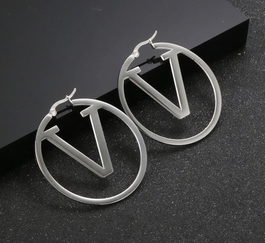 Stainless Steel  Letter V-design Pendant Hoop Earrings